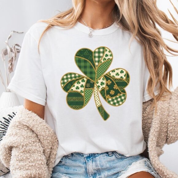 Tops - St Patrick's Day Shirt, Patchwork Shamrock Irish Printed T-Shirt